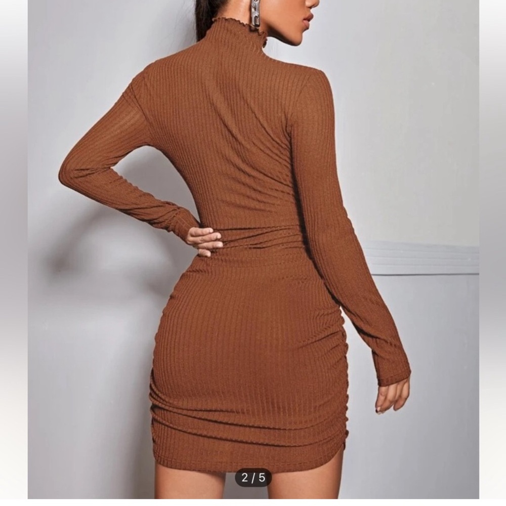 Mock Neck Ruched Rib-knit Bodycon Dress 2 XS
